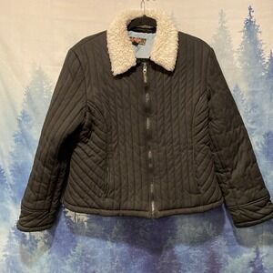Vintage Y2K Mudd‎ Jacket Juniors Women Black Fur Trim Zip Coat Size Large